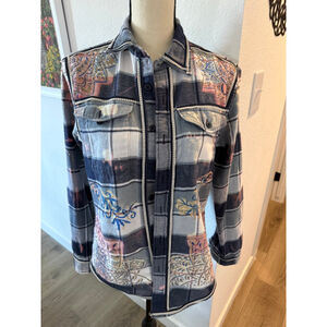 Upcycled American Eagle Plaid Button Down Shirt S Blue White hand stenciled